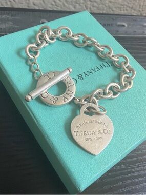 Tiffany & Co. Sterling Silver Heart Tag Toggle Bracelet - Silver & Blue Box